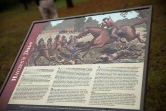 A pivotal moment in the battle is depicted in the signage at the site.